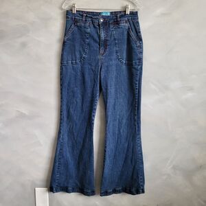 Hell Bunny Jaclyn Denim Flared Jeans Retro Vintage Style 60s 70s Pin Up Alt Sz L